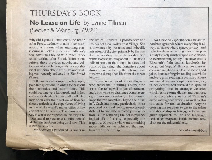No Lease on Life/ Lynne Tillman by Guy Mannes-Abbott The Independent 30 April 1998
